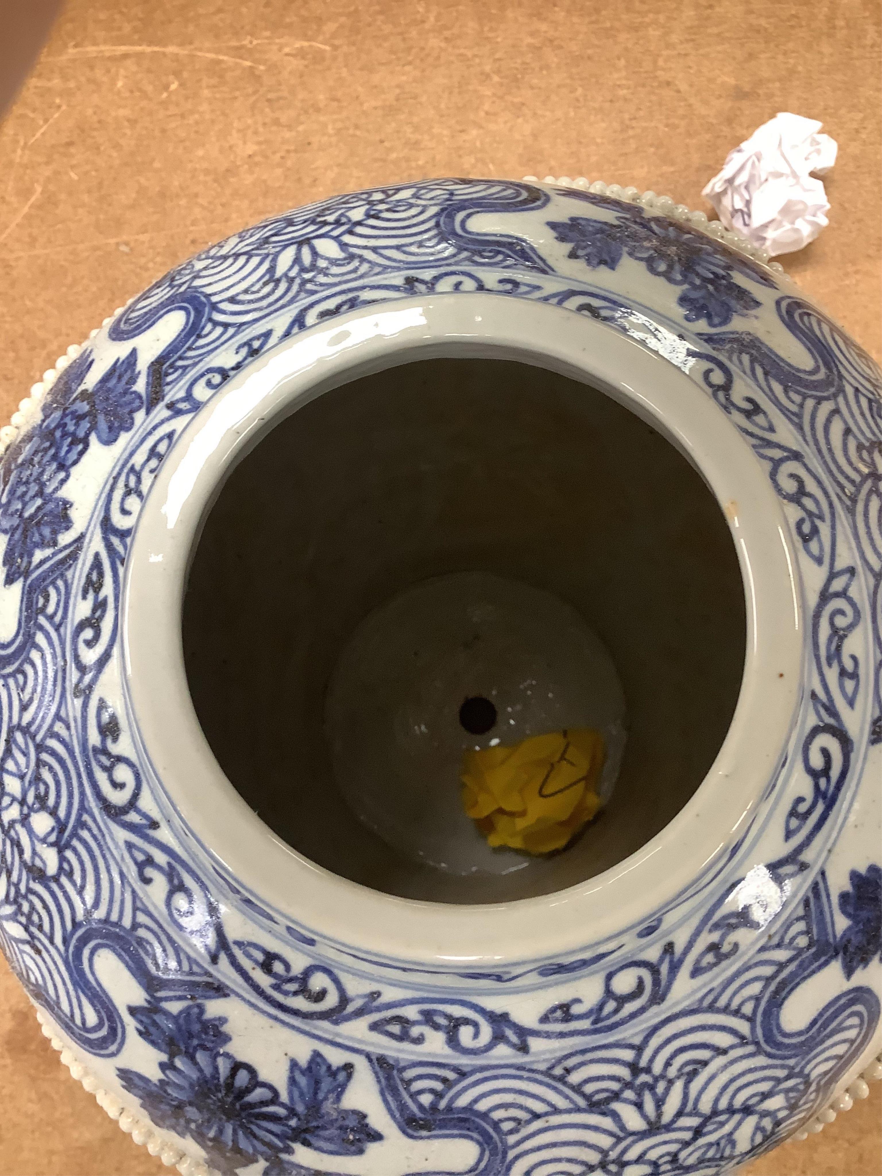 A Chinese underglaze blue and copper red lamp, two crackle glaze vases and a studio pottery bottle, largest 29cm high. Condition - fair